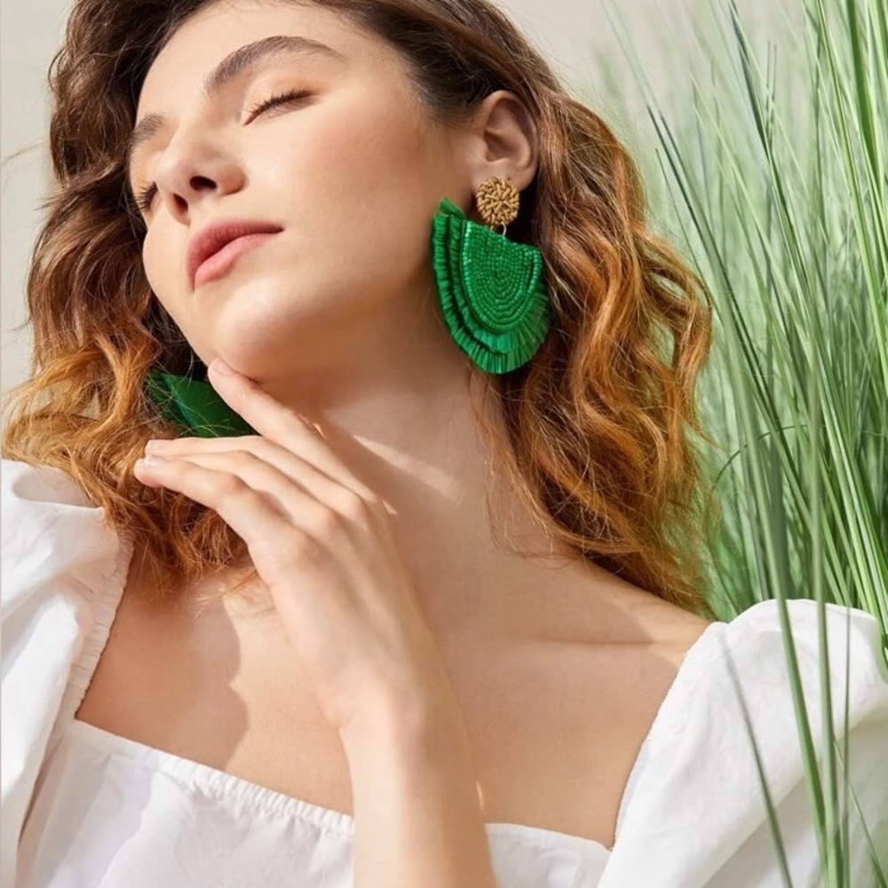 Emerald Beaded Raffia Statement Earrings - Picture 4 of 5